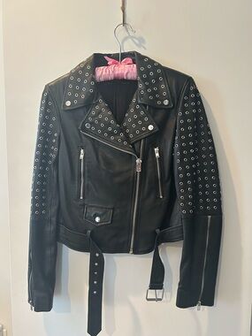 Zara Black Studded Leather Moto Jacket